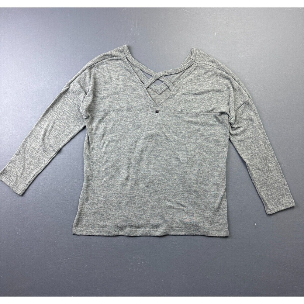 Lole Women's Large Gray Criss Cross V Neck Knit Sweater Preppy Classic Soft Knit